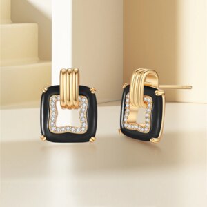 Black Agate Zircon Square Stud Earrings