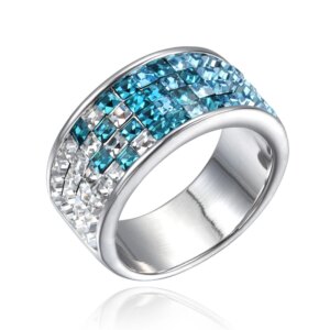 Sapphire Square Ring with a geometric design, featuring blue and white crystals, crafted from copper with rhodium plating for a shiny finish