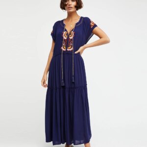 Front view of navy v neck cotton maxi dress