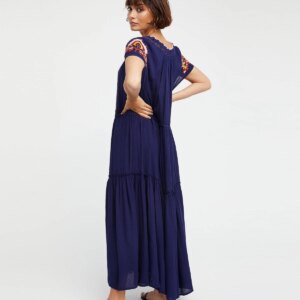 side view of navy v neck cotton maxi dress