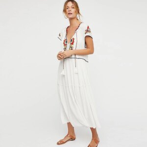 Fontview of white v neck maxi dress with short sleeves