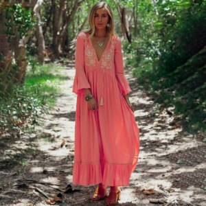 pnk view of pink with model boho embroidered maxi dress