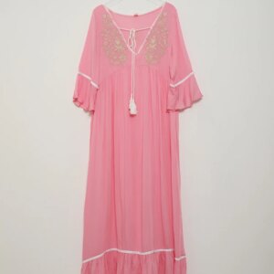 pink view of pink boho embroidered maxi dress