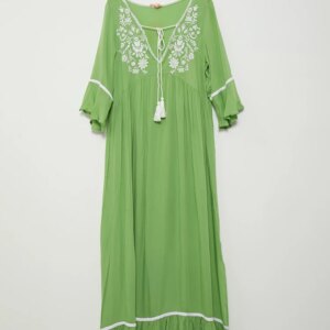 Side view of green boho embroidered maxi dress