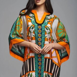 Close-up of a boho bliss beach maxi dress cover-up, showing lightweight fabric and half-sleeve details with vibrant patterns