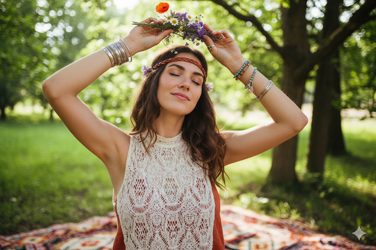 Person meditating outdoors at sunrise, symbolizing the New Bohemian mindset of slow living, creativity, and spiritual connection.