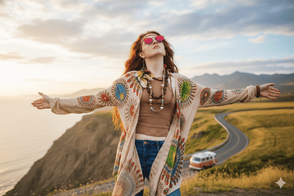 Woman with flower crown enjoying nature, embodying the free-spirited New Bohemian lifestyle and style