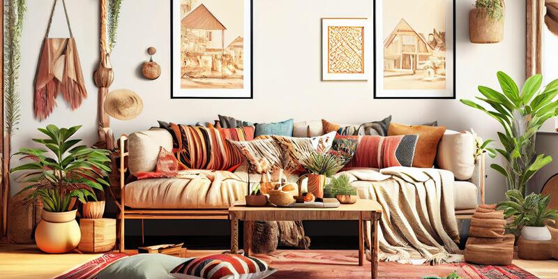 Inviting New Bohemian living room with layered rugs, vibrant textiles, and eclectic furniture, creating a cozy and curated boho home