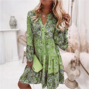 Women's Long-Sleeve Paisley Print Tiered Dress: V-Neck Button Front – Spring Summer Party Outfit, Flowy Chiffon Boho Midi Dress 11 31711 1qzakv