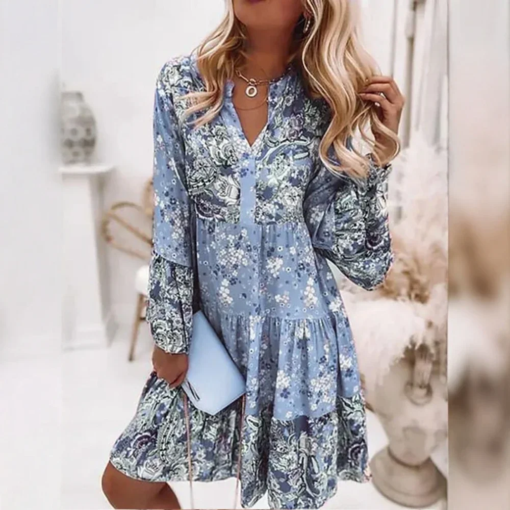 Women's Long-Sleeve Paisley Print Tiered Dress: V-Neck Button Front – Spring Summer Party Outfit, Flowy Chiffon Boho Midi Dress Women's Long-Sleeve Paisley Print Tiered Dress: V-Neck Button Front – Spring Summer Party Outfit, Flowy Chiffon Boho Midi Dress