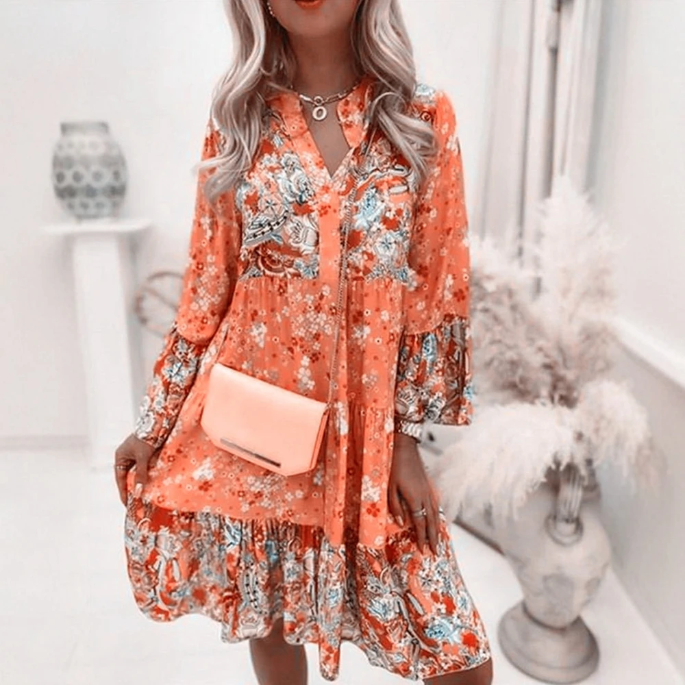 Women's Long-Sleeve Paisley Print Tiered Dress: V-Neck Button Front – Spring Summer Party Outfit, Flowy Chiffon Boho Midi Dress 3 31711 kwbtci