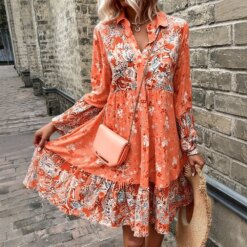 Womens Long Sleeve Paisley Print Tiered Dress V-Neck Button Front