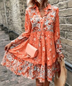 Womens Long Sleeve Paisley Print Tiered Dress V-Neck Button Front