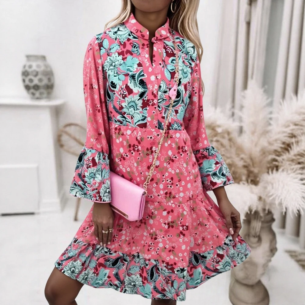 Women's Long-Sleeve Paisley Print Tiered Dress: V-Neck Button Front – Spring Summer Party Outfit, Flowy Chiffon Boho Midi Dress 4 31711