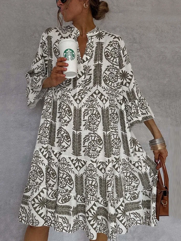 Bohemia Printed Knee-length Dresses for Women 2026 Spring Summer Loose Fit Casual V Neck Flare Sleeve Holiday Pullovers Dress