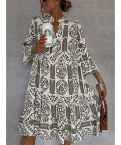 Bohemia Printed Knee Length Dresses for Women 2026 Spring Summer