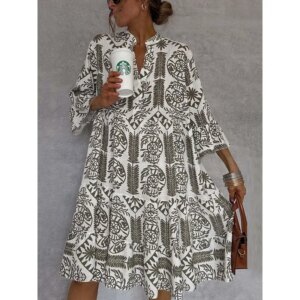 Bohemia Printed Knee-length Dresses for Women 2026 Spring Summer Loose Fit Casual V Neck Flare Sleeve Holiday Pullovers Dress