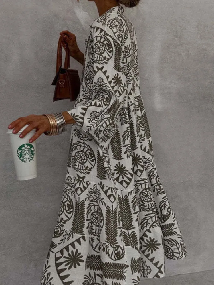 Bohemia Printed Knee-length Dresses for Women 2026 Spring Summer Loose Fit Casual V Neck Flare Sleeve Holiday Pullovers Dress