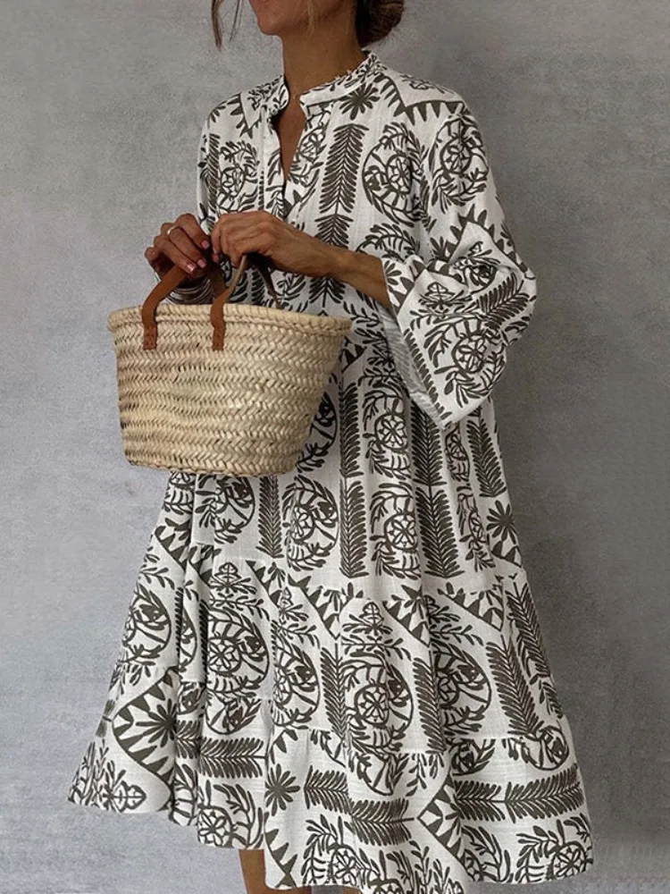 Bohemia Printed Knee-length Dresses for Women 2026 Spring Summer Loose Fit Casual V Neck Flare Sleeve Holiday Pullovers Dress