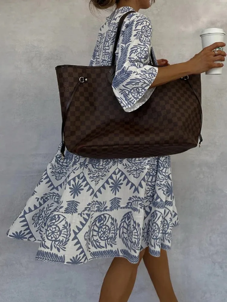 Bohemia Printed Knee-length Dresses for Women 2026 Spring Summer Loose Fit Casual V Neck Flare Sleeve Holiday Pullovers Dress