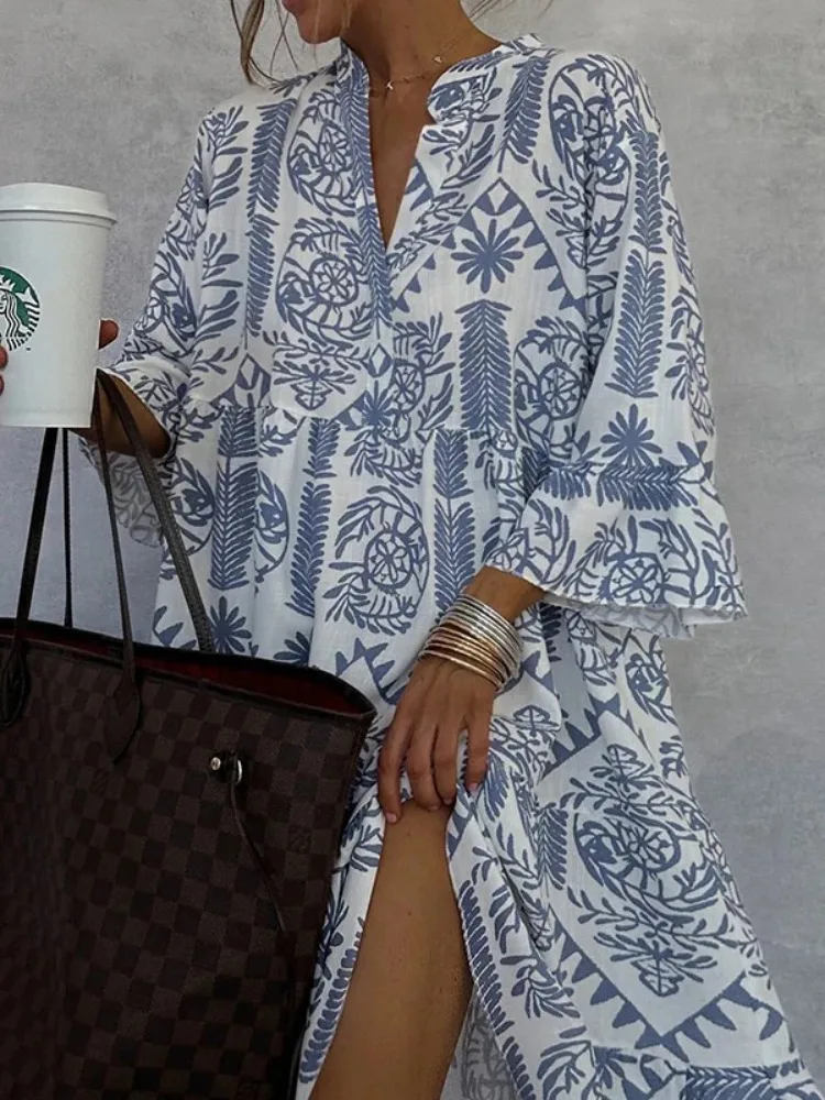 Bohemia Printed Knee-length Dresses for Women 2026 Spring Summer Loose Fit Casual V Neck Flare Sleeve Holiday Pullovers Dress