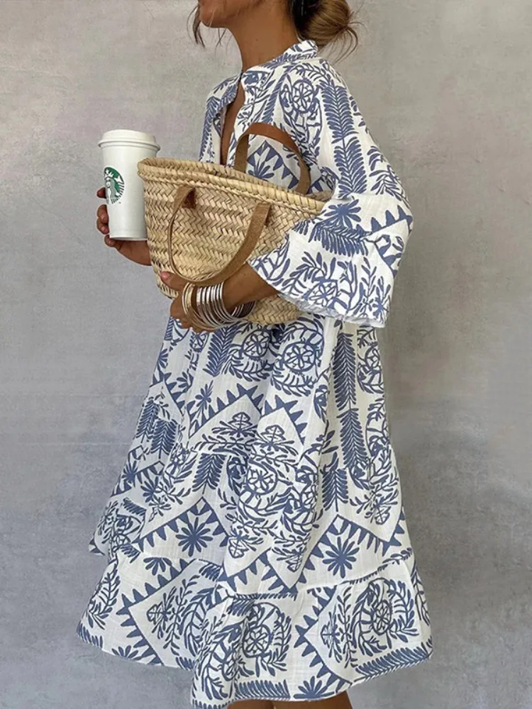 Bohemia Printed Knee-length Dresses for Women 2026 Spring Summer Loose Fit Casual V Neck Flare Sleeve Holiday Pullovers Dress