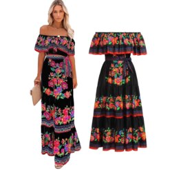 Womens Summer Off-Shoulder Long Boho Floral Pattern Print Swing Dress