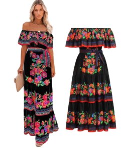 Womens Summer Off-Shoulder Long Boho Floral Pattern Print Swing Dress