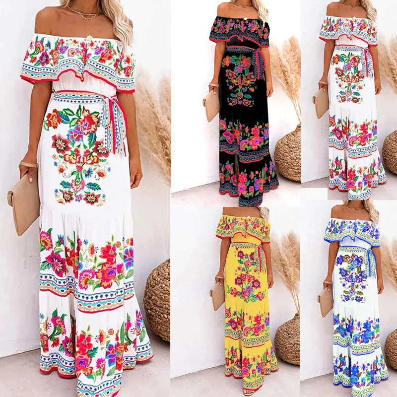 Women's Summer Off Shoulder Long Boho Floral Pattern Print Swing Dress