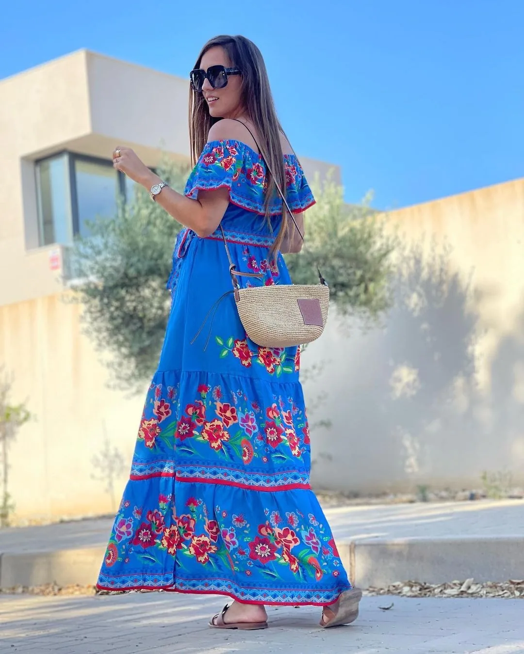 Women's Summer Off Shoulder Long Boho Floral Pattern Print Swing Dress