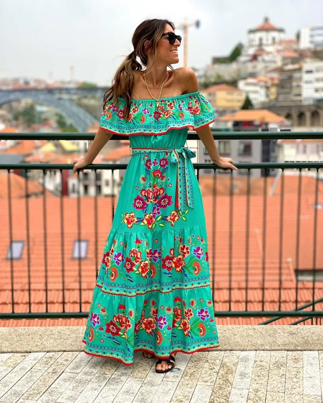 Women's Summer Off Shoulder Long Boho Floral Pattern Print Swing Dress