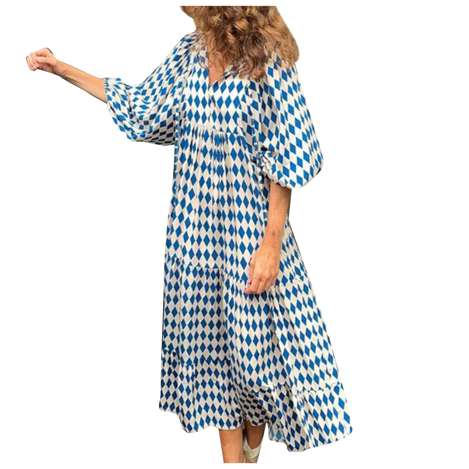 Women Bohemia Casual Dress Summer Geometric Print Neckline Lace-up Puff Sleeves Long Dresess Holiday Beach Robe A-Line Vestidos Women Bohemia Casual Dress Summer Geometric Print Neckline Lace-up Puff Sleeves Long Dresess Holiday Beach Robe A-Line Vestidos