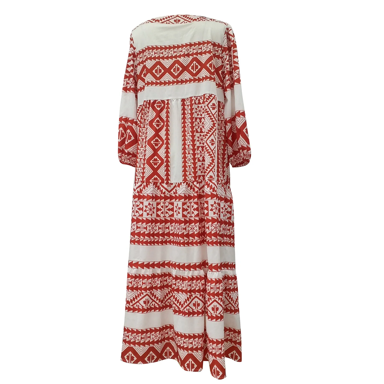 Women Bohemia Casual Dress Summer Geometric Print Neckline Lace-up Puff Sleeves Long Dresess Holiday Beach Robe A-Line Vestidos Women Bohemia Casual Dress Summer Geometric Print Neckline Lace-up Puff Sleeves Long Dresess Holiday Beach Robe A-Line Vestidos