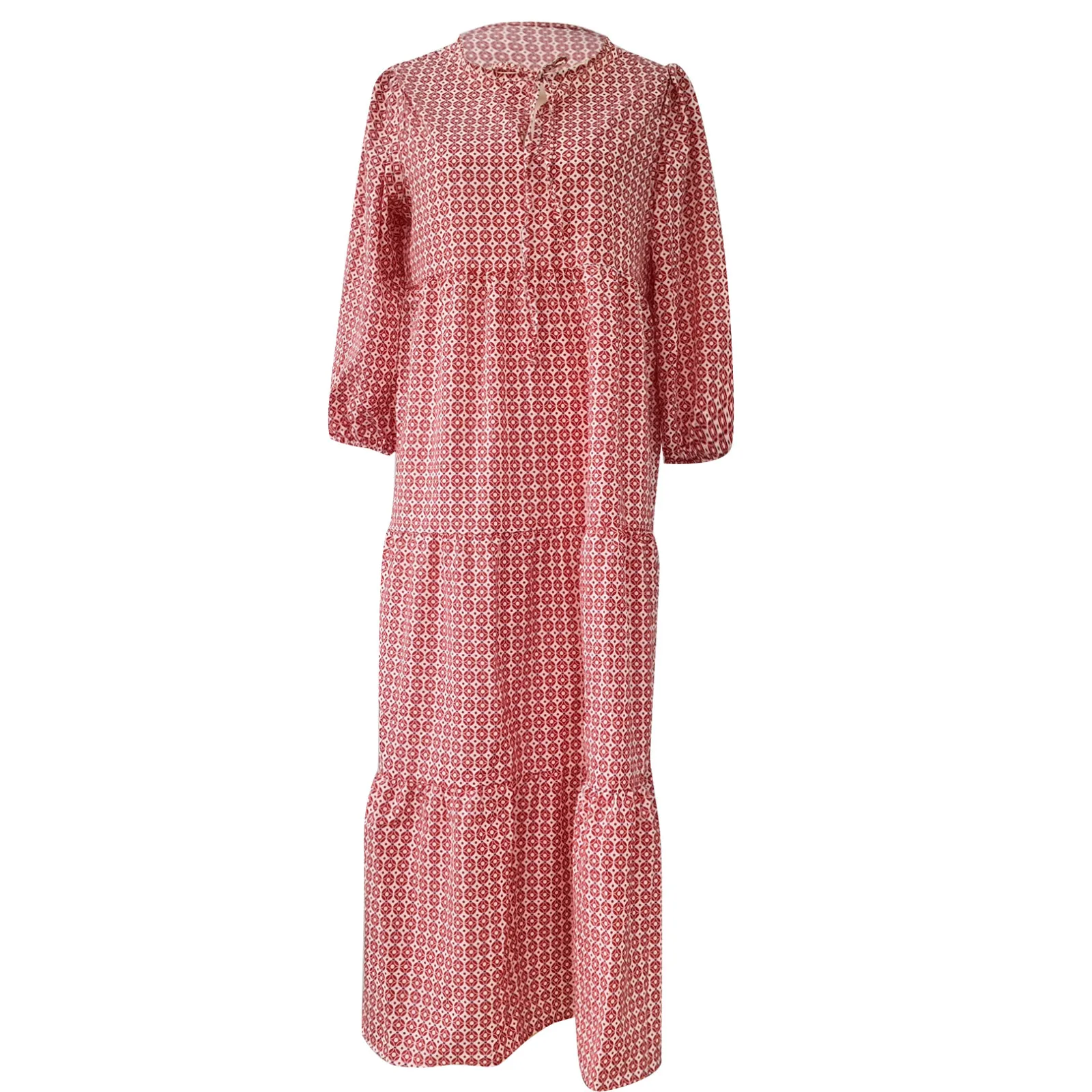 Women Bohemia Casual Dress Summer Geometric Print Neckline Lace-up Puff Sleeves Long Dresess Holiday Beach Robe A-Line Vestidos Women Bohemia Casual Dress Summer Geometric Print Neckline Lace-up Puff Sleeves Long Dresess Holiday Beach Robe A-Line Vestidos