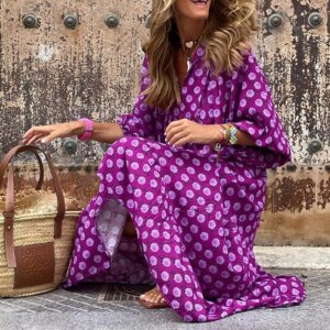 Women Bohemia Casual Dress Summer Geometric Print Neckline Lace-up Puff Sleeves Long Dresess Holiday Beach Robe A-Line Vestidos 10 31806 5yk3mf