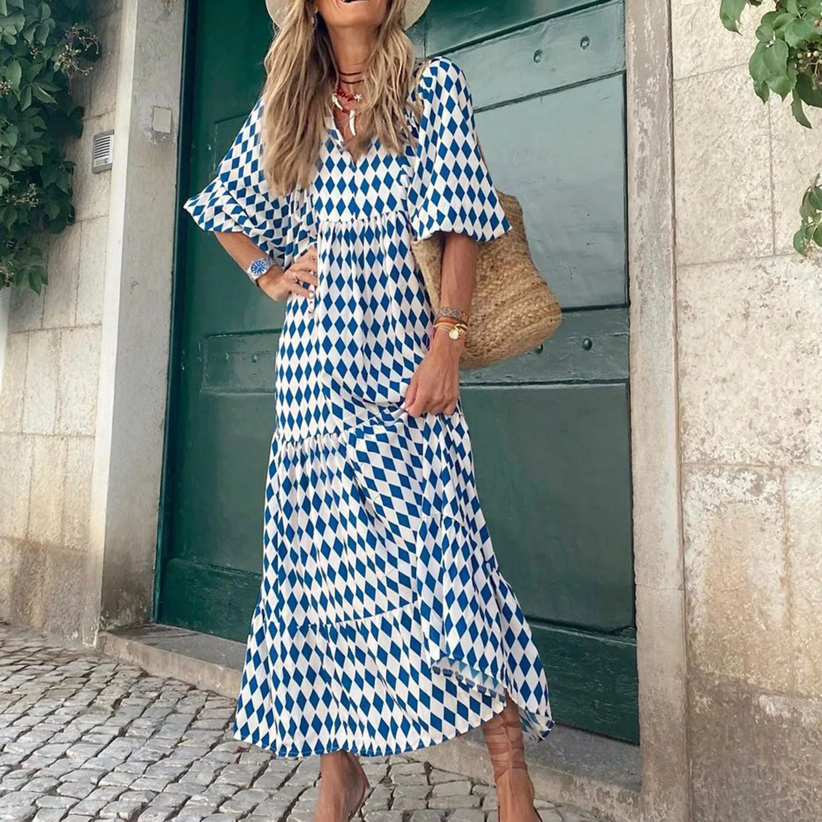 Women Bohemia Casual Dress Summer Geometric Print Neckline Lace-up Puff Sleeves Long Dresess Holiday Beach Robe A-Line Vestidos 2 31806