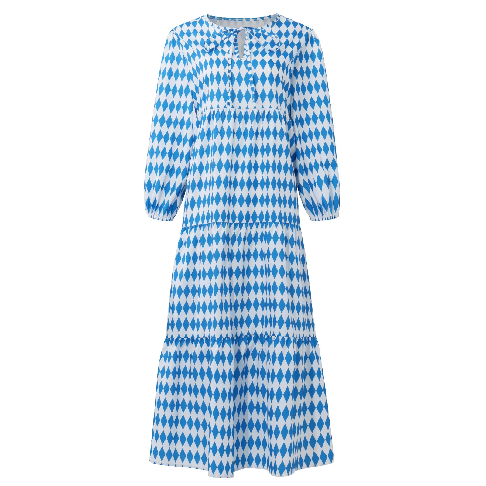 Women Bohemia Casual Dress Summer Geometric Print Neckline Lace-up Puff Sleeves Long Dresess Holiday Beach Robe A-Line Vestidos Women Bohemia Casual Dress Summer Geometric Print Neckline Lace-up Puff Sleeves Long Dresess Holiday Beach Robe A-Line Vestidos