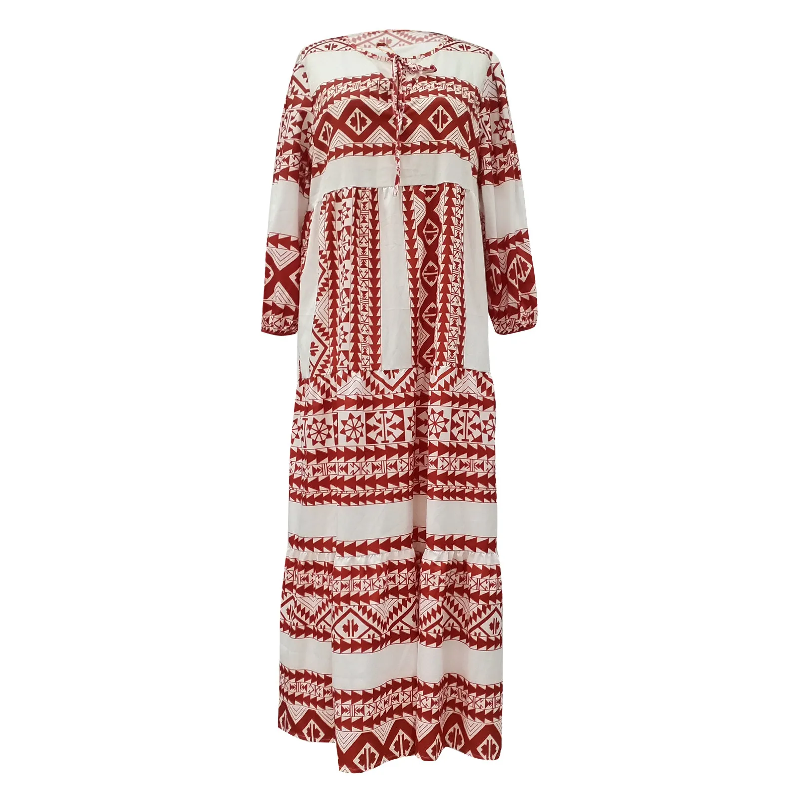 Women Bohemia Casual Dress Summer Geometric Print Neckline Lace-up Puff Sleeves Long Dresess Holiday Beach Robe A-Line Vestidos Women Bohemia Casual Dress Summer Geometric Print Neckline Lace-up Puff Sleeves Long Dresess Holiday Beach Robe A-Line Vestidos