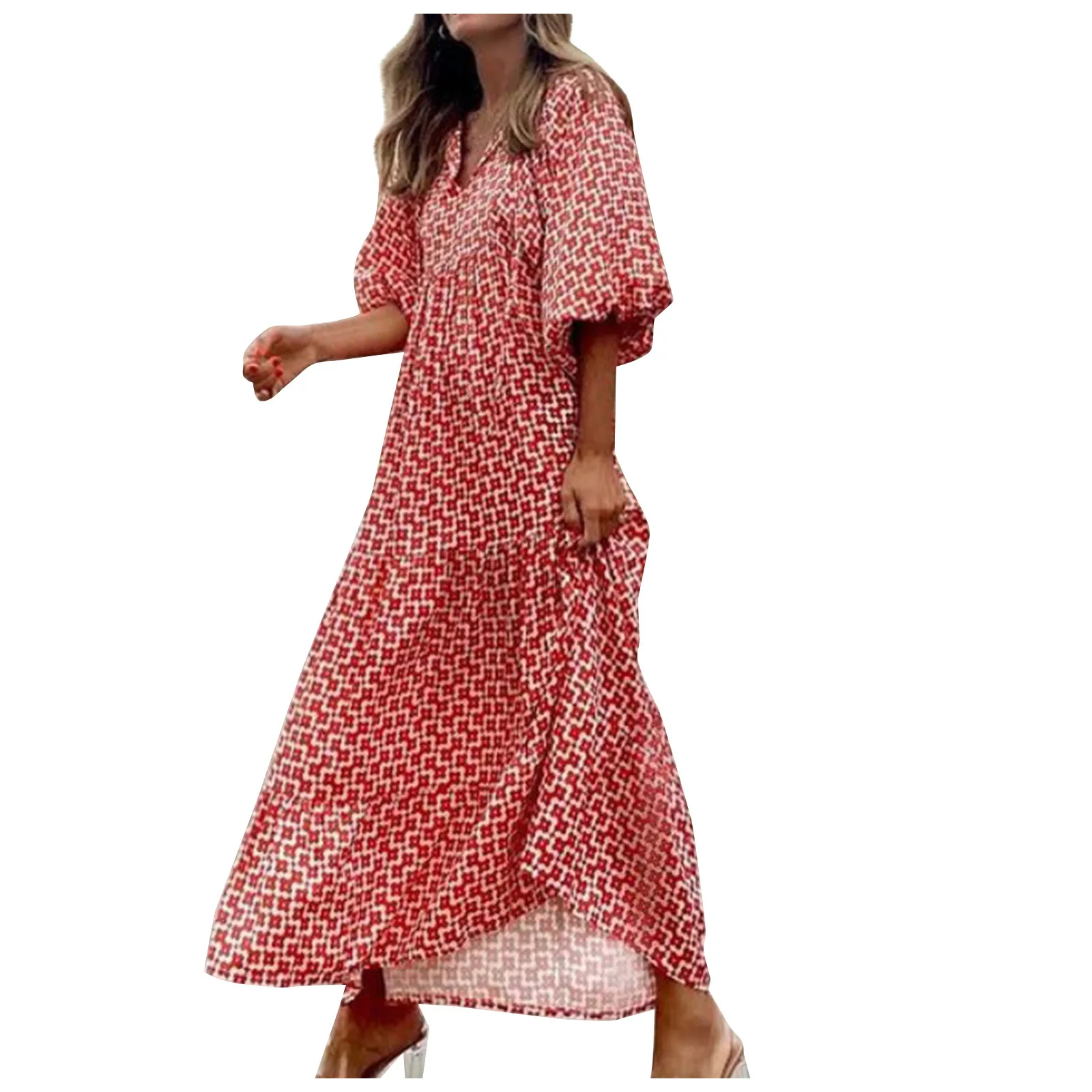 Women Bohemia Casual Dress Summer Geometric Print Neckline Lace-up Puff Sleeves Long Dresess Holiday Beach Robe A-Line Vestidos Women Bohemia Casual Dress Summer Geometric Print Neckline Lace-up Puff Sleeves Long Dresess Holiday Beach Robe A-Line Vestidos