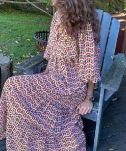 Women Bohemia Casual Dress Summer Geometric Print Neckline Lace-up Puff Sleeves Long Dresess Holiday Beach Robe A-Line Vestidos