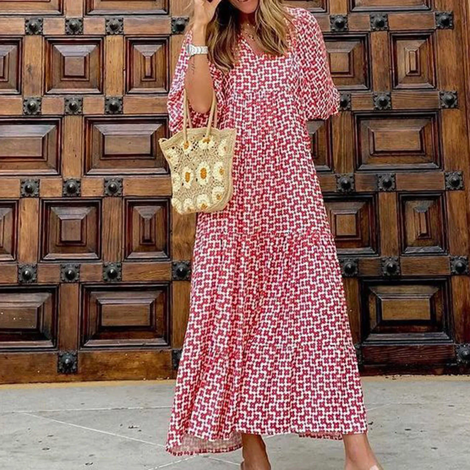 Women Bohemia Casual Dress Summer Geometric Print Neckline Lace-up Puff Sleeves Long Dresess Holiday Beach Robe A-Line Vestidos Women Bohemia Casual Dress Summer Geometric Print Neckline Lace-up Puff Sleeves Long Dresess Holiday Beach Robe A-Line Vestidos