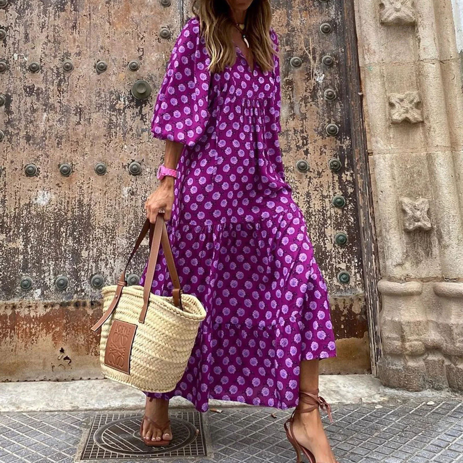 Women Bohemia Casual Dress Summer Geometric Print Neckline Lace-up Puff Sleeves Long Dresess Holiday Beach Robe A-Line Vestidos Women Bohemia Casual Dress Summer Geometric Print Neckline Lace-up Puff Sleeves Long Dresess Holiday Beach Robe A-Line Vestidos