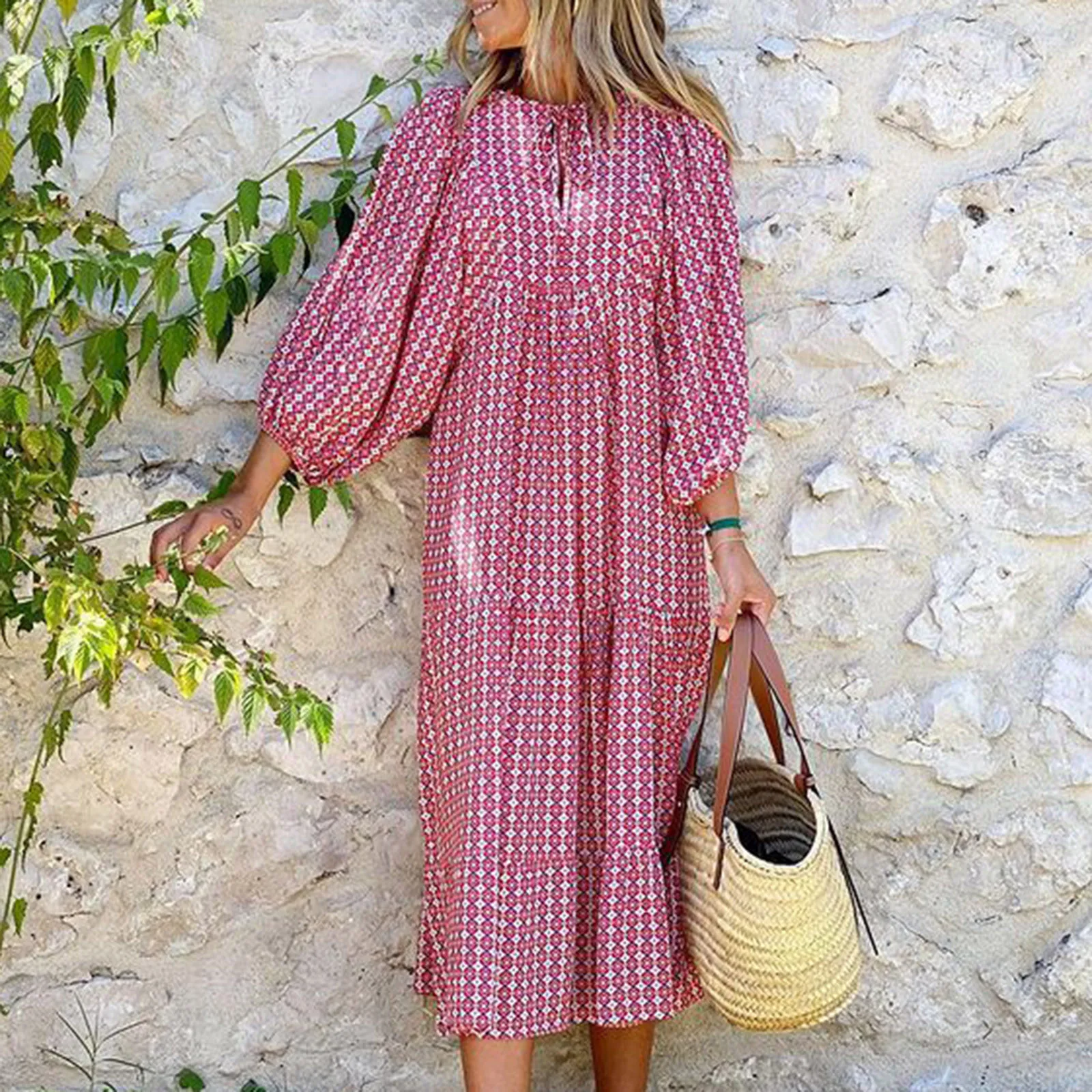 Women Bohemia Casual Dress Summer Geometric Print Neckline Lace-up Puff Sleeves Long Dresess Holiday Beach Robe A-Line Vestidos Women Bohemia Casual Dress Summer Geometric Print Neckline Lace-up Puff Sleeves Long Dresess Holiday Beach Robe A-Line Vestidos