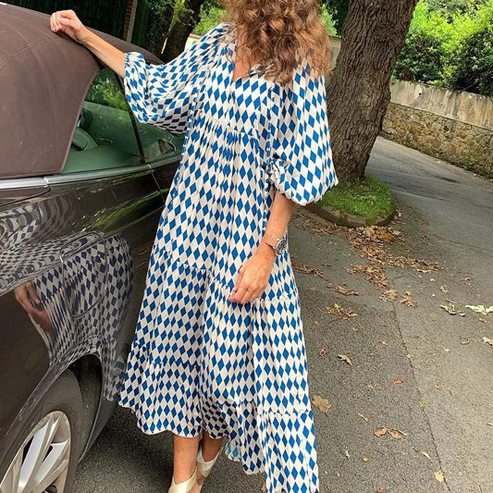 Women Bohemia Casual Dress Summer Geometric Print Neckline Lace-up Puff Sleeves Long Dresess Holiday Beach Robe A-Line Vestidos Women Bohemia Casual Dress Summer Geometric Print Neckline Lace-up Puff Sleeves Long Dresess Holiday Beach Robe A-Line Vestidos