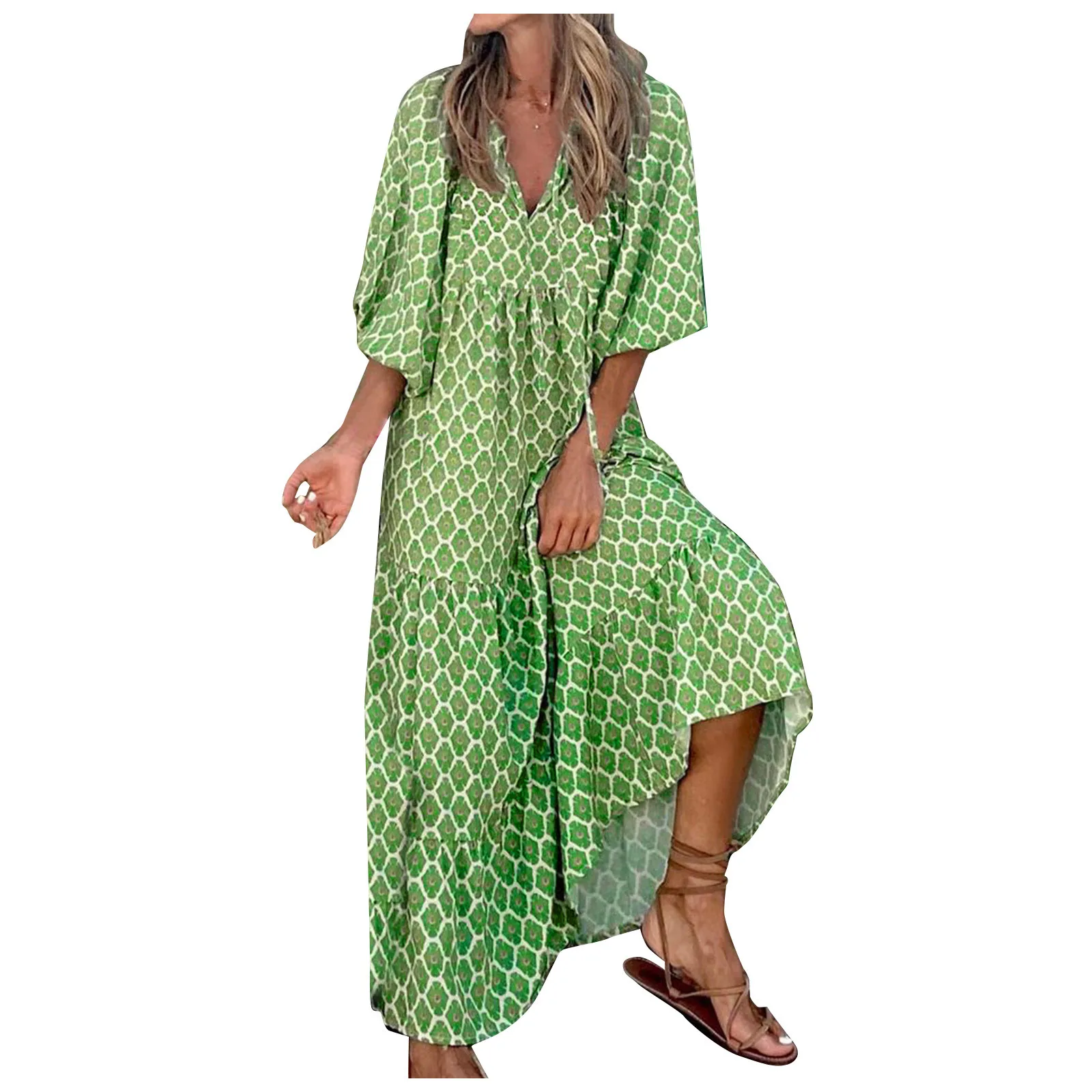Women Bohemia Casual Dress Summer Geometric Print Neckline Lace-up Puff Sleeves Long Dresess Holiday Beach Robe A-Line Vestidos Women Bohemia Casual Dress Summer Geometric Print Neckline Lace-up Puff Sleeves Long Dresess Holiday Beach Robe A-Line Vestidos