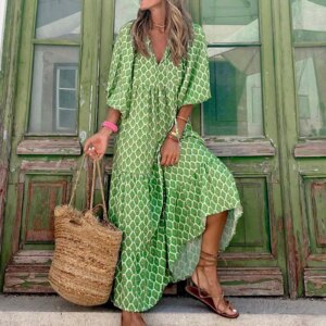 Women Bohemia Casual Dress Summer Geometric Print Neckline Lace-up Puff Sleeves Long Dresess Holiday Beach Robe A-Line Vestidos 8 31806 ohzpt7