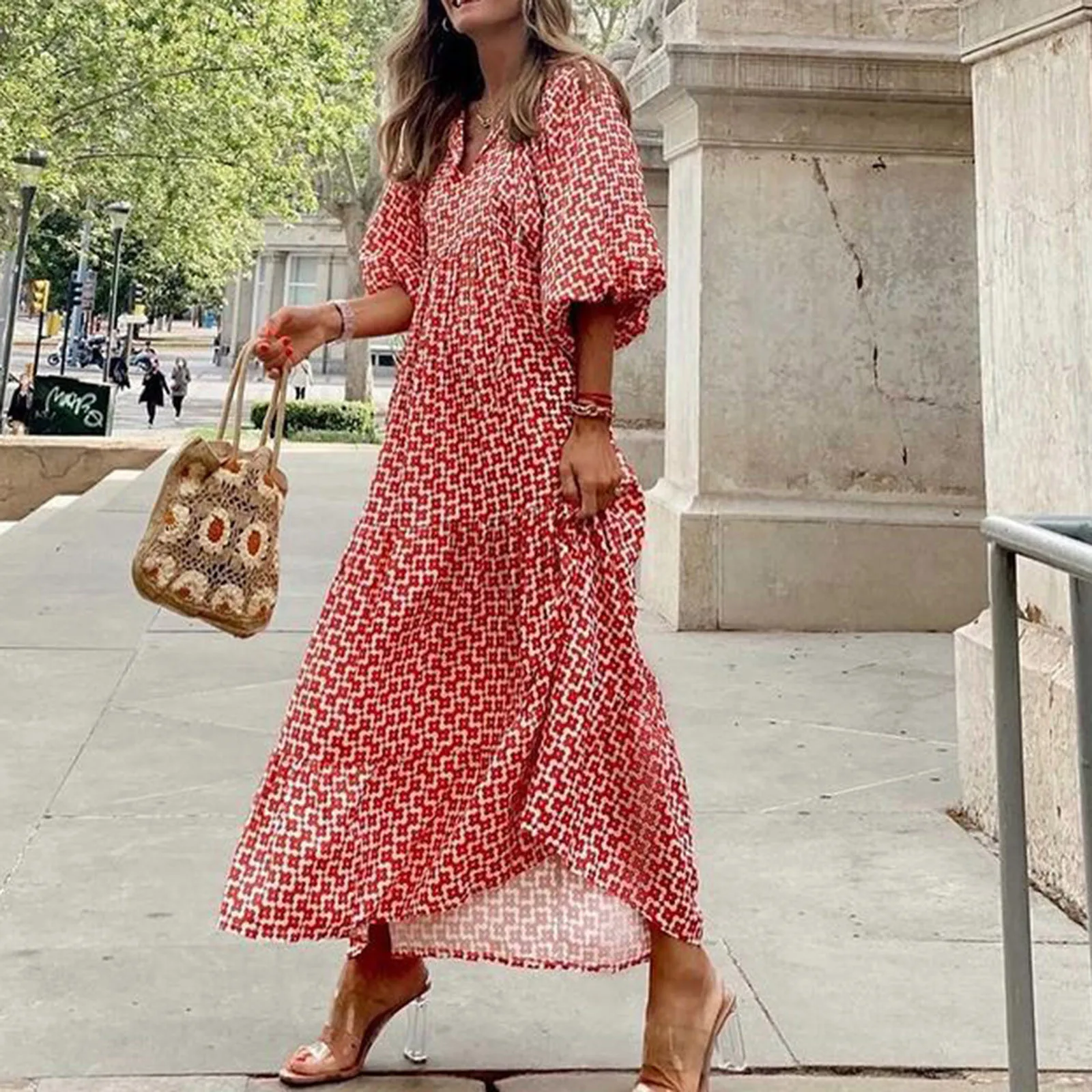 Women Bohemia Casual Dress Summer Geometric Print Neckline Lace-up Puff Sleeves Long Dresess Holiday Beach Robe A-Line Vestidos Women Bohemia Casual Dress Summer Geometric Print Neckline Lace-up Puff Sleeves Long Dresess Holiday Beach Robe A-Line Vestidos