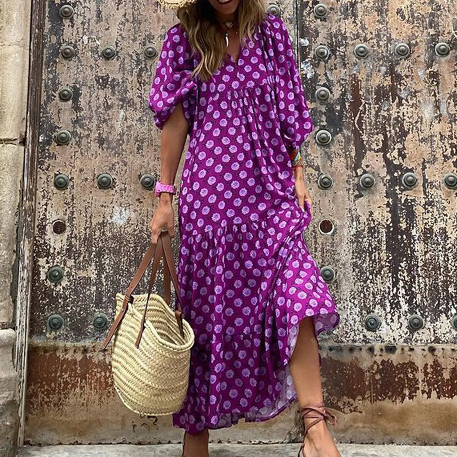 Women Bohemia Casual Dress Summer Geometric Print Neckline Lace-up Puff Sleeves Long Dresess Holiday Beach Robe A-Line Vestidos Women Bohemia Casual Dress Summer Geometric Print Neckline Lace-up Puff Sleeves Long Dresess Holiday Beach Robe A-Line Vestidos