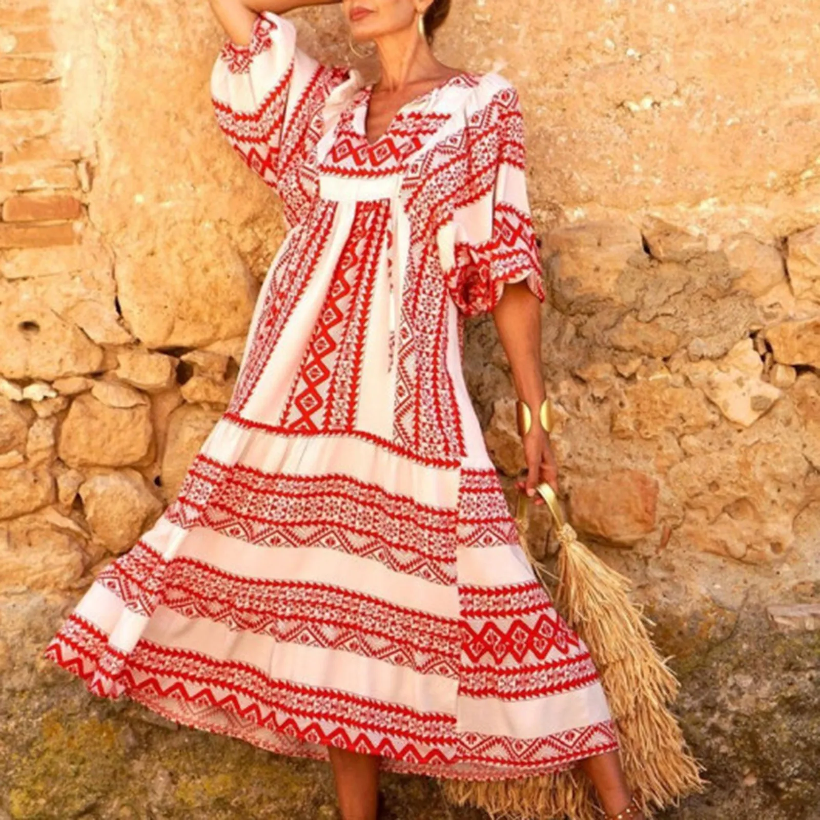 Women Bohemia Casual Dress Summer Geometric Print Neckline Lace-up Puff Sleeves Long Dresess Holiday Beach Robe A-Line Vestidos Women Bohemia Casual Dress Summer Geometric Print Neckline Lace-up Puff Sleeves Long Dresess Holiday Beach Robe A-Line Vestidos