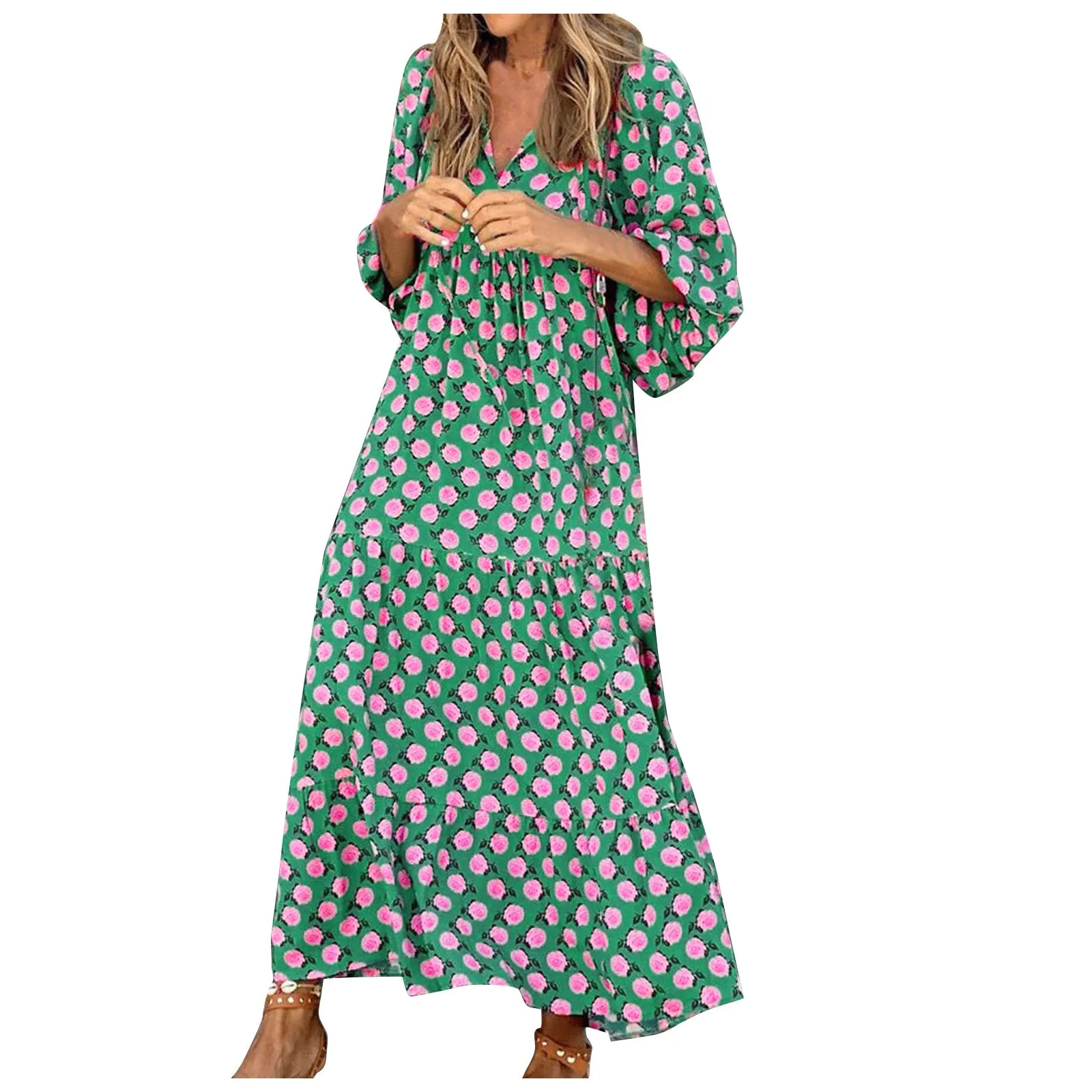 Women Bohemia Casual Dress Summer Geometric Print Neckline Lace-up Puff Sleeves Long Dresess Holiday Beach Robe A-Line Vestidos Women Bohemia Casual Dress Summer Geometric Print Neckline Lace-up Puff Sleeves Long Dresess Holiday Beach Robe A-Line Vestidos
